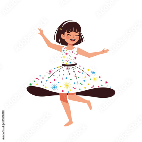 Happy Cartoon Girl Dancing in a Colorful Dress, Vector Illustration