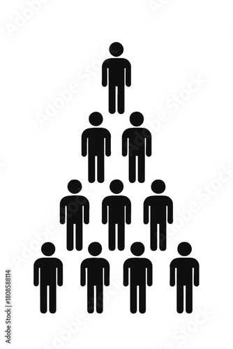 Ten black pictogram icons form a four-level pyramid, depicting hierarchical organization, leadership, team dynamics, management levels, workforce distribution.
