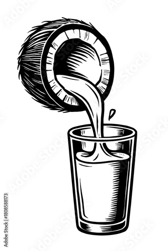 Exquisite woodcut illustration of a fresh half-coconut pouring its pure, refreshing water into a clear glass, capturing the essence of tropical hydration in a timeless, monochrome