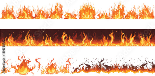 Three horizontal borders of stylized fire flames in orange yellow and red on white and dark backgrounds