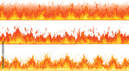 Three horizontal borders of stylized orange and yellow fire flames against a white background vector
