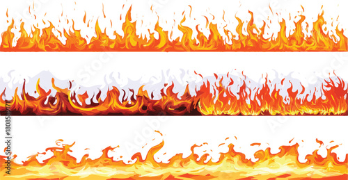 Three horizontal borders of stylized orange and yellow flames on white background fire
