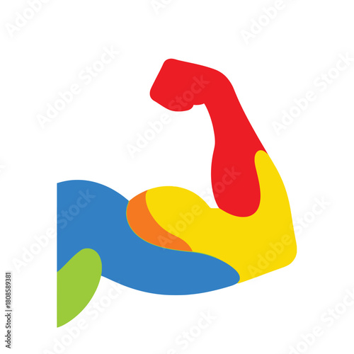 Vibrant and colorful abstract representation of a flexing bicep muscle, symbolizing power, health, and fitness