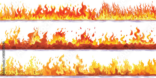 Three horizontal borders of stylized fire flames in orange yellow and red hues vector