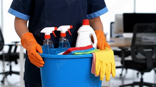 Cleaning lady with cleaning supplies bucket in office setting