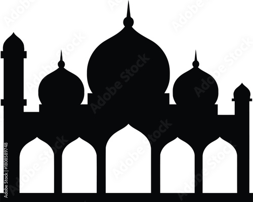 Silhouette of mosque architecture with domes and arches against white background