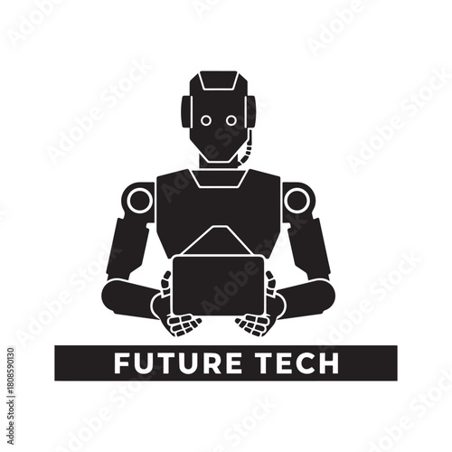 Future Tech Anthropomorphic Robot Holding Tablet for Artificial Intelligence Service. 