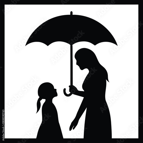 A woman and child standing together under an umbrella in silhouette