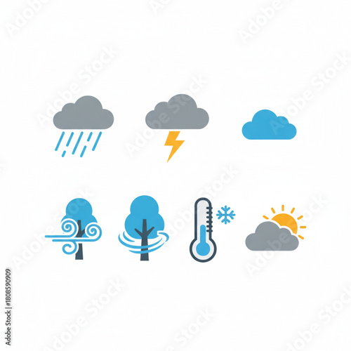 A collection of colorful flat design weather icons for meteorology forecasts and climate representation