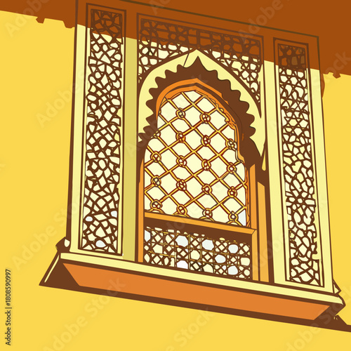 Ornate window with intricate lattice work on a yellow building