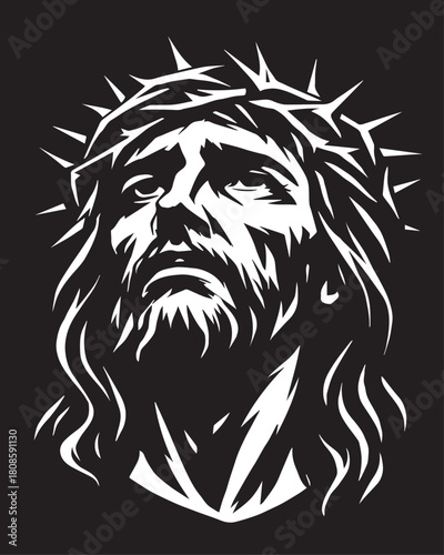 Sacred Face: A detailed portrait of a figure, adorned with a crown of thorns, rendered with stark contrast, invoking a sense of reverence and faith.