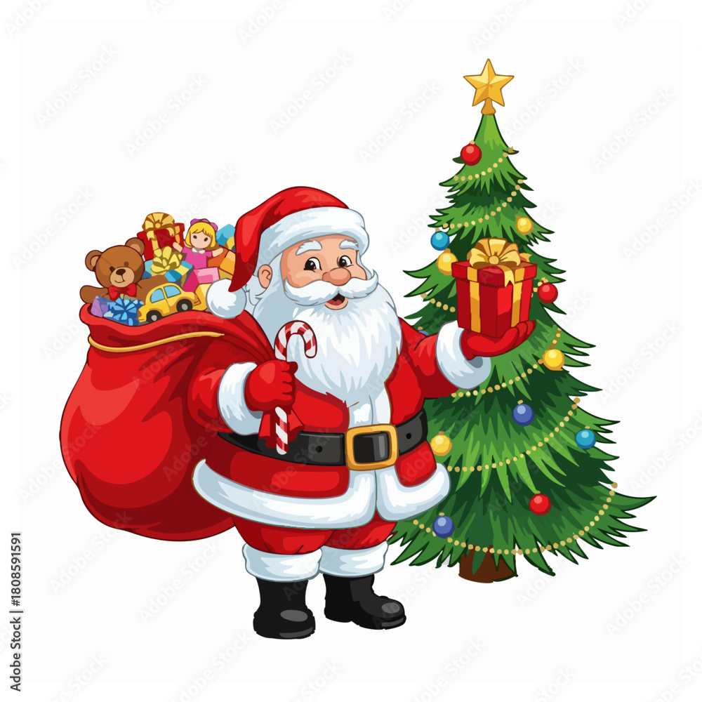 Fototapeta premium Cartoon Santa Claus standing beside a decorated Christmas tree holding a gift and a sack of toys.