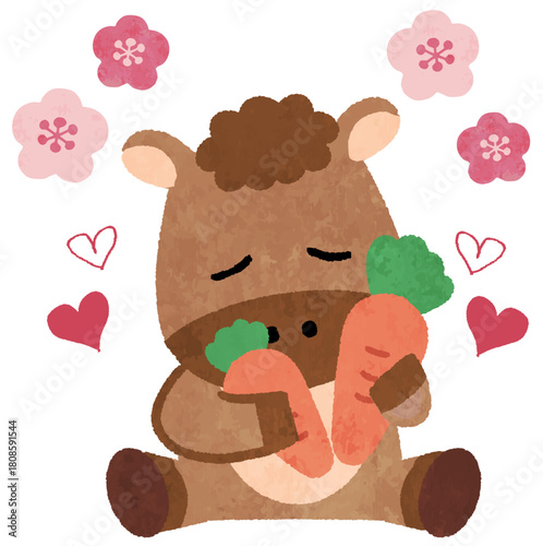 人参を持ったかわいい馬・午年のアイコンイラスト　　Horse Carrot