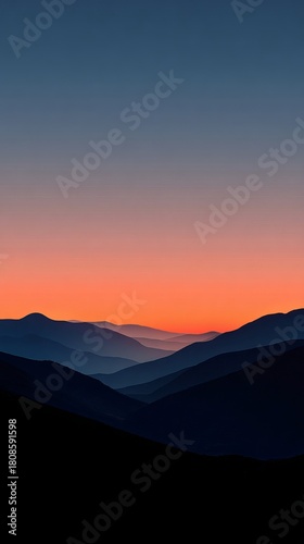 Serene Layered Mountains at Sunset with Vibrant Gradient Sky – Tranquil Scenic Horizon Perfect for Posters, Backgrounds, Wall Art, Meditative Designs, and Nature Illustrations