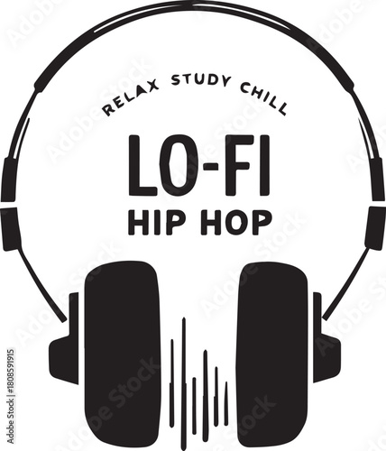 Lo-fi Hip Hop Aesthetic: A minimalist, high-contrast illustration featuring headphones and music elements to reflect the lo-fi hip hop genre. Evokes a sense of calm, relaxation, and study