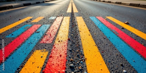 Fototapeta Naklejka Na Ścianę i Meble -  Vibrant Painted Stripes on Asphalt Road Surface Showing Colorful Lines and Small Stones