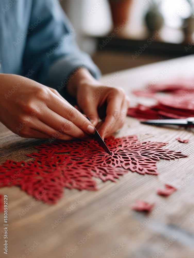 Obraz premium A person carefully cutting intricate red paper snowflakes on a wooden table. Perfect for winter holiday decor and crafting inspiration.