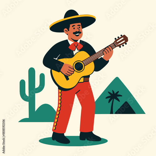 Mexican Mariachi Guitarist In Sombrero Traditional Folk Music Illustration