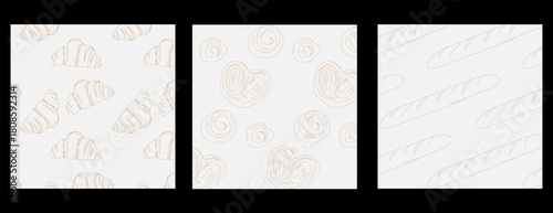 Seamless pattern with different breads and backed products hand drawn with contour lines on light background. Backdrop with Vector illustration for wrapping paper.