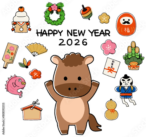 お正月・縁起物と馬・午年の年賀状イラスト　Horse Lucky charm icon