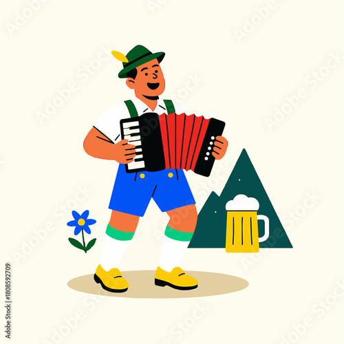 Bavarian Accordion Player Oktoberfest Folk Music Character Illustration