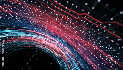 Fototapeta Naklejka Na Ścianę i Meble -  Abstract Digital Network Tunnel with Flowing Red and Blue Data Streams and White Particles
