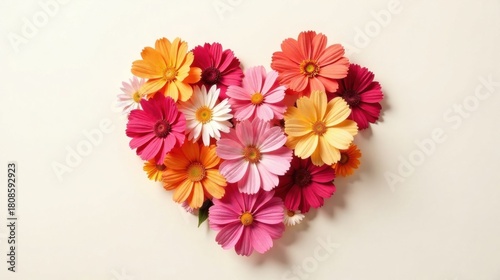 A vibrant arrangement of blossoms forming a heartfelt symbol, showcasing diverse petals in a spectrum of colors, creating a charming and lovely design for any occasion