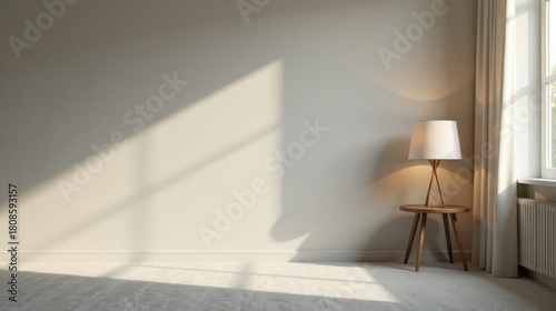 Serene Minimalist Room Interior with Sunlight Illuminating a Simple Table Lamp and Neutral Wall