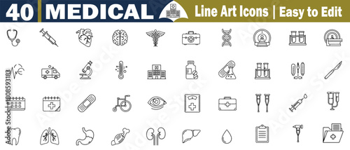 Comprehensive Medical Icon Set. 40 Thin Line Style Illustrations for Healthcare, Clinics, Hospitals, Pharmaceutical, Companies, Research, Facilities, and Health Related Projects vector. 