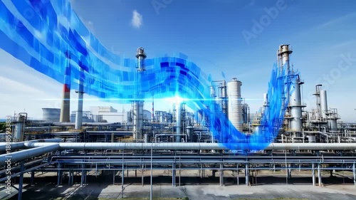 An industrial complex with pipes and towers, blue abstract overlays on a sunny, clear blue sky