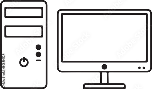 Desktop Computer Icon – Monitor and CPU Tower Line Illustration for Technology and IT Concepts