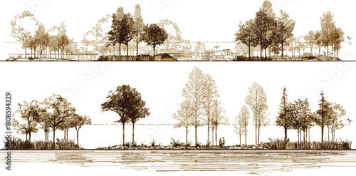 Sepia toned illustration of two horizontal landscape scenes with trees and water vector