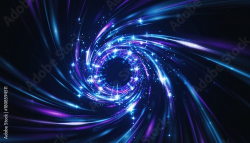 Abstract Swirling Vortex of Blue and Purple Light Streaks and Sparkles on a Dark Background