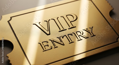 Close up of a golden vip entry ticket with light and shadow