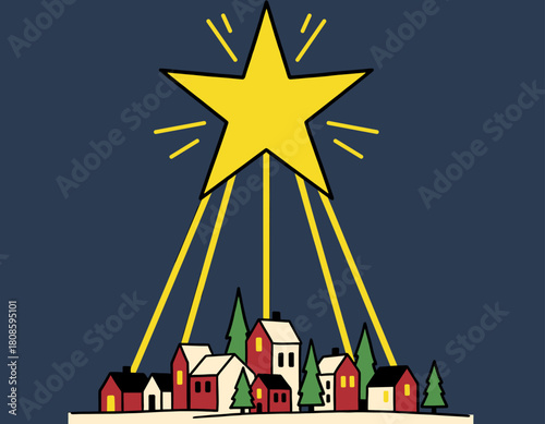 Christmas Star of Bethlehem Shining Brightly Over a Snowy Village Town in Vintage Retro Style Illustratio