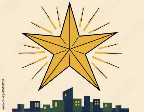Christmas Star of Bethlehem Shining Brightly Over a Snowy Village Town in Vintage Retro Style Illustratio