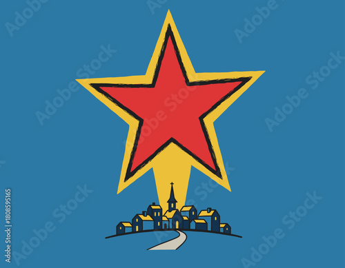 Christmas Star of Bethlehem Shining Brightly Over a Snowy Village Town in Vintage Retro Style Illustratio