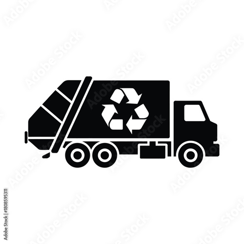 Black silhouette of a garbage truck with a recycling symbol