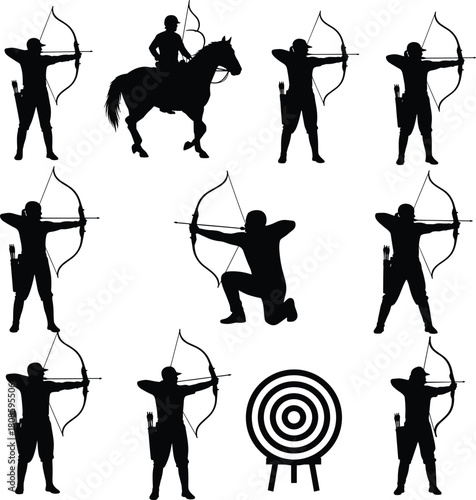 Archery silhouette set, bow and arrow shooting poses, horseback rider, sport target, vector illustration collection, hunting warrior, black figures