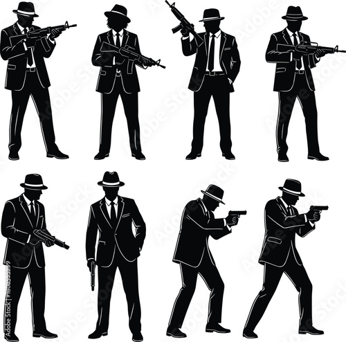 Gangster silhouettes, armed men in suits, noir style, fedora hats, pistol and rifle poses, vintage crime, secret agent illustration