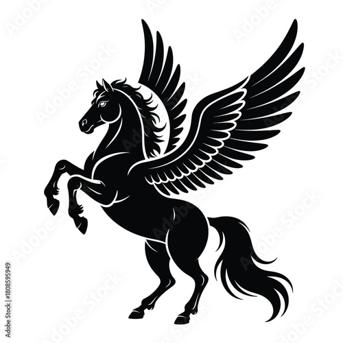 Majestic black winged horse pegasus rearing up