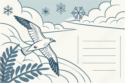 Seagull soaring through wintery sky, line art postcard template