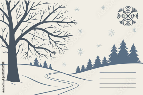 Winter landscape scenery with snow, trees, and snowflake design