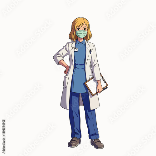 A medical professional, wearing a face mask and medical scrubs, stands confidently, holding a clipboard, ready to assist patients with healthcare needs.