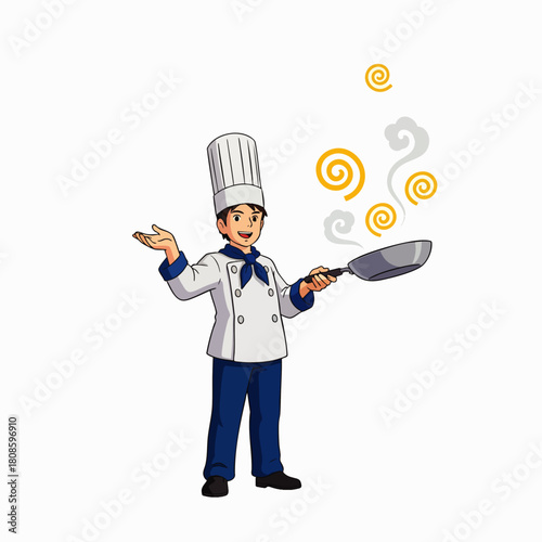 A cheerful chef in a white uniform tosses food in a pan, creating a visual display of culinary skill and expertise in the kitchen environment.