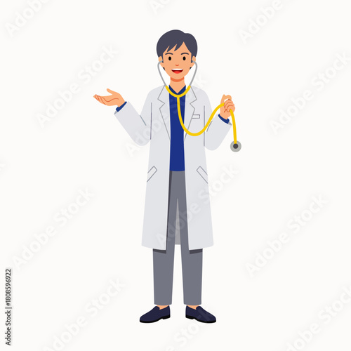 A friendly male doctor stands confidently, holding a stethoscope and gesturing with his hand, ready to offer medical help and advice to patients.