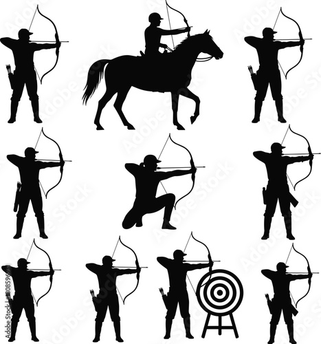 Archer silhouette set, bow and arrow shooting poses, horseback archery, sport target, vector illustration collection, hunting warrior, black figures