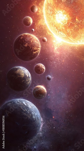 Beautiful Cosmic Planet Chain in Outer Space with Radiant Sunlight – Sci-Fi Space Scene Ideal for Wallpapers, Posters, Universe Concepts, and Futuristic Digital Artwork