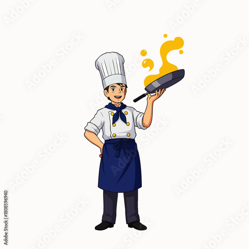 A cheerful chef, wearing a white hat and apron, expertly flips food in a pan, showcasing culinary skills and passion for cooking.