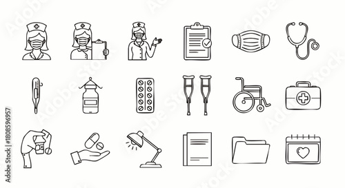 A collection of medical icons, showcasing healthcare elements like nurses, masks, stethoscopes, and various tools used for patient care and treatment.
